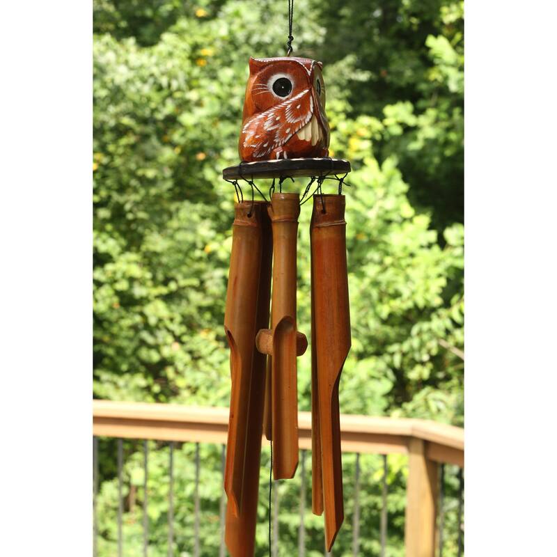 Handmade Wooden Speak No Evil Owl Bamboo Wind Chime Wood Statue Figurine Hoot Sculpture Art Rustic Patio Garden Outdoor Decor