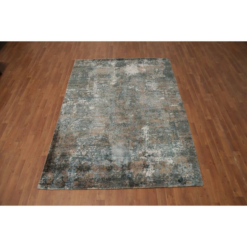 Hand Knotted Oriental Viscose Silk Carpet Modern All-Over Greys & Charcoal Abstract Area Rug - 7' 10'' X 5' 6''