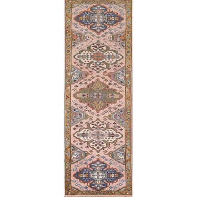 Pink Geometric Kazak Oriental Runner Rug Hand-Knotted Wool Carpet - 2'6"x 9'11"
