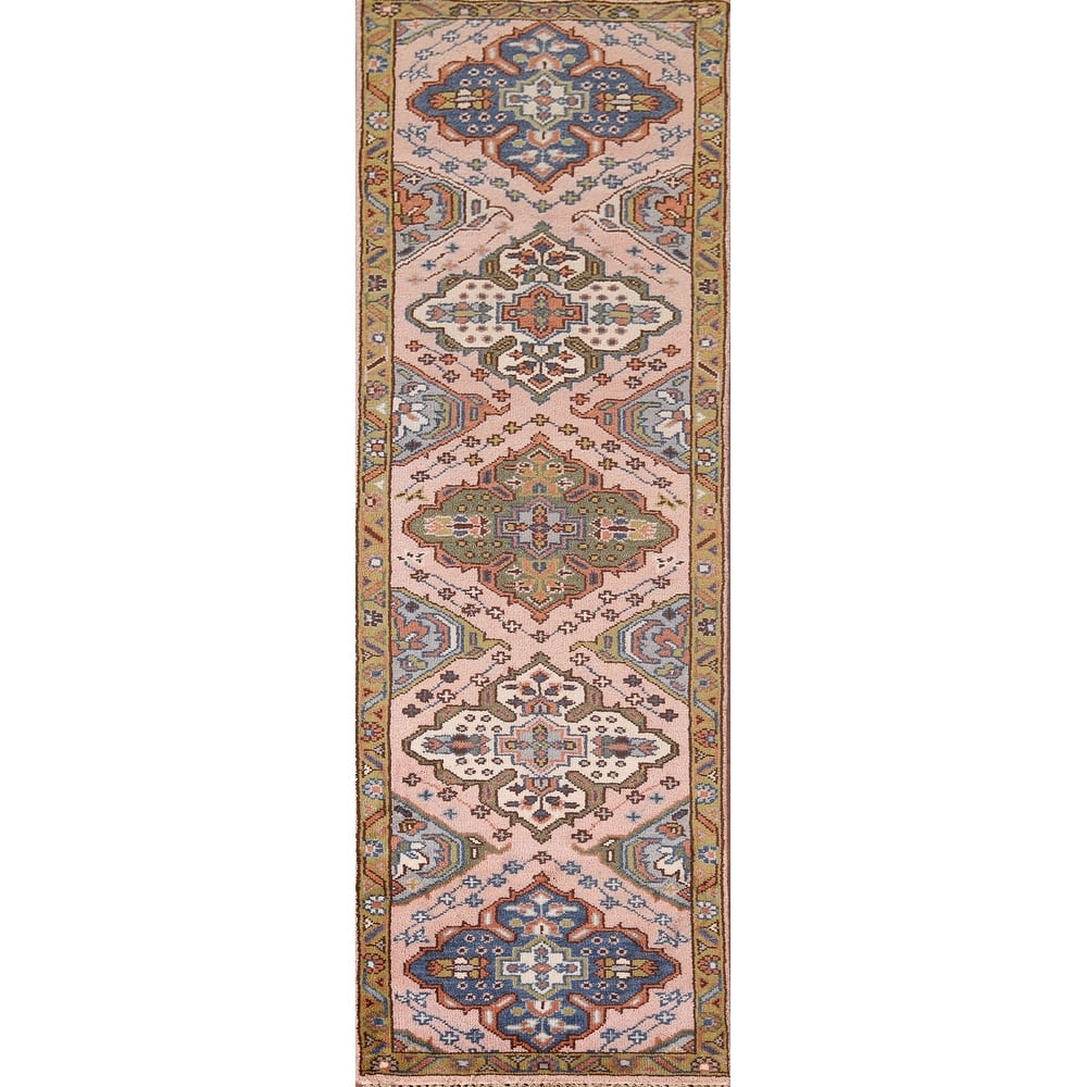 Pink Geometric Kazak Oriental Runner Rug Hand-Knotted Wool Carpet - 2'6"x 9'11"