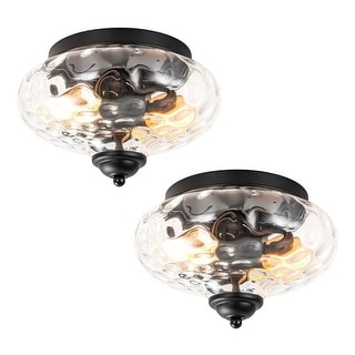 Set of 2 Mid-Century Modern Black 2-Light Cone Dome Clear Water Rippled Glass Flush Mount Light - 9 in. W x 6.2 in. H