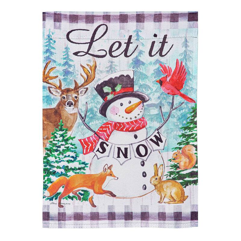 28 in. x 44 in. Let it Snow Snowman and Woodlands Suede House Flag
