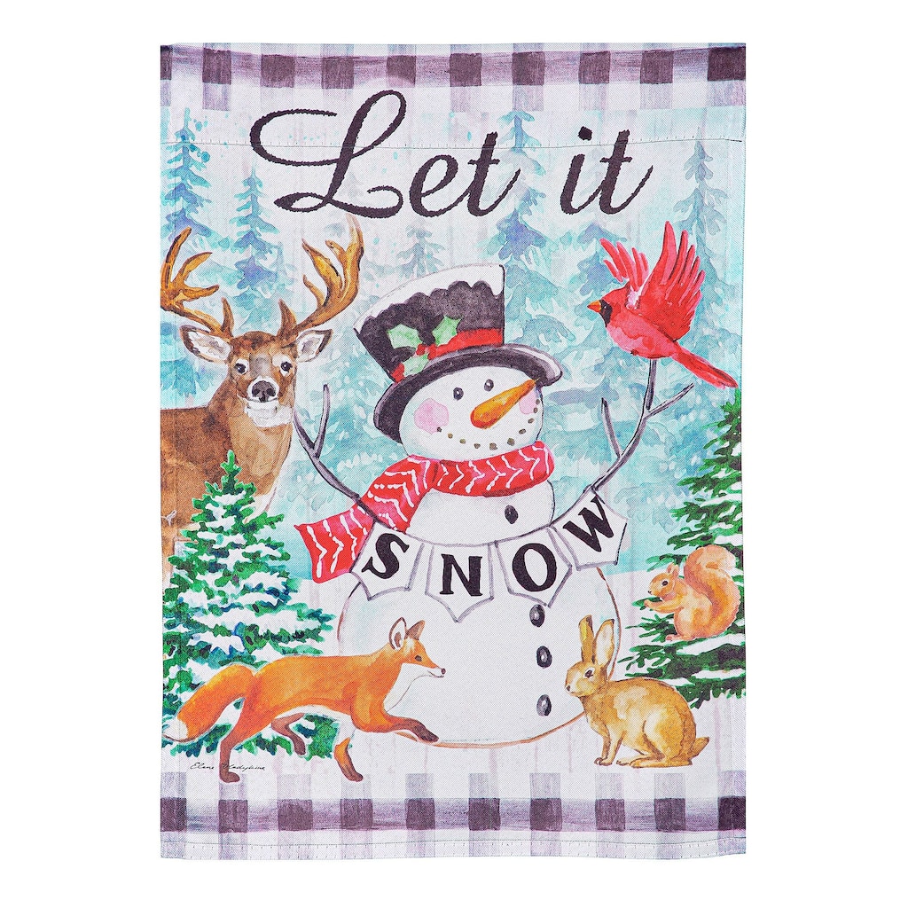 28 in. x 44 in. Let it Snow Snowman and Woodlands Suede House Flag