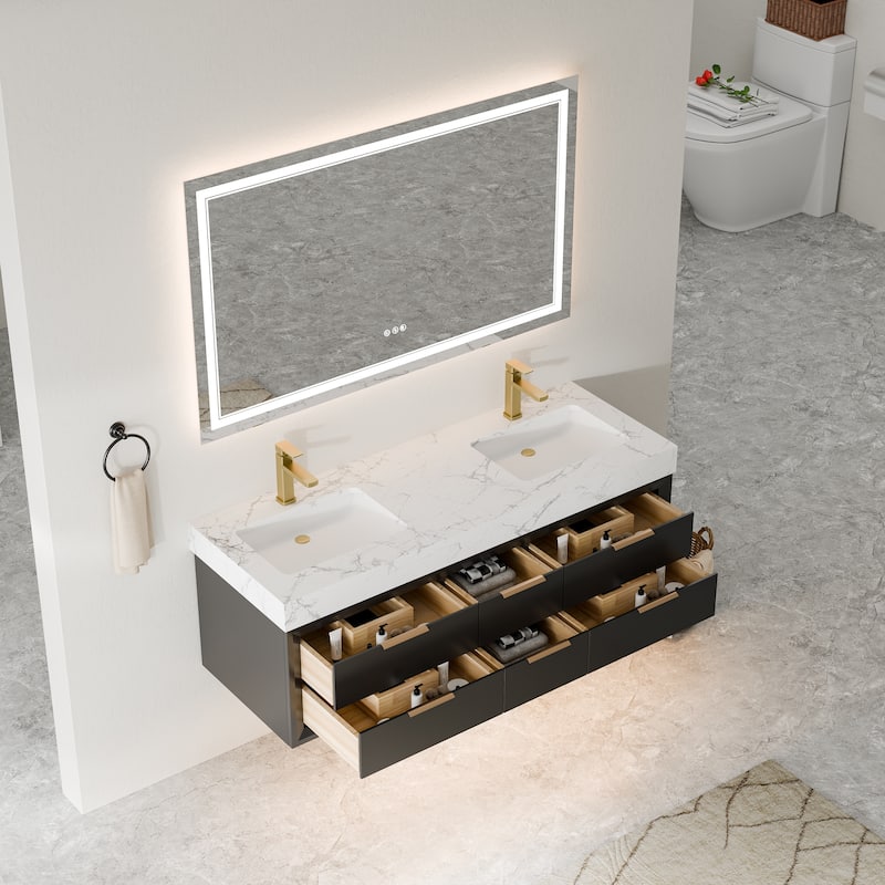 60" Wall-Mount Double Vanity with LED Light. - 60 inch