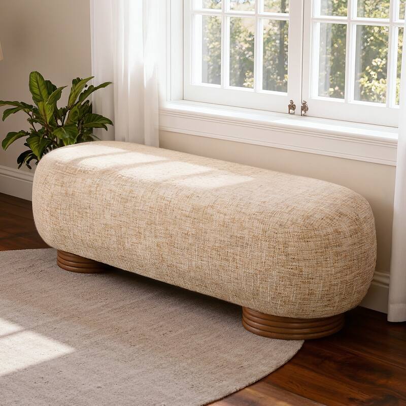 59-Inch Chenille Upholstered Ottoman Bench with Acacia Solid Wood Frame - 59.1"L x 19.1"H x 20.1"D