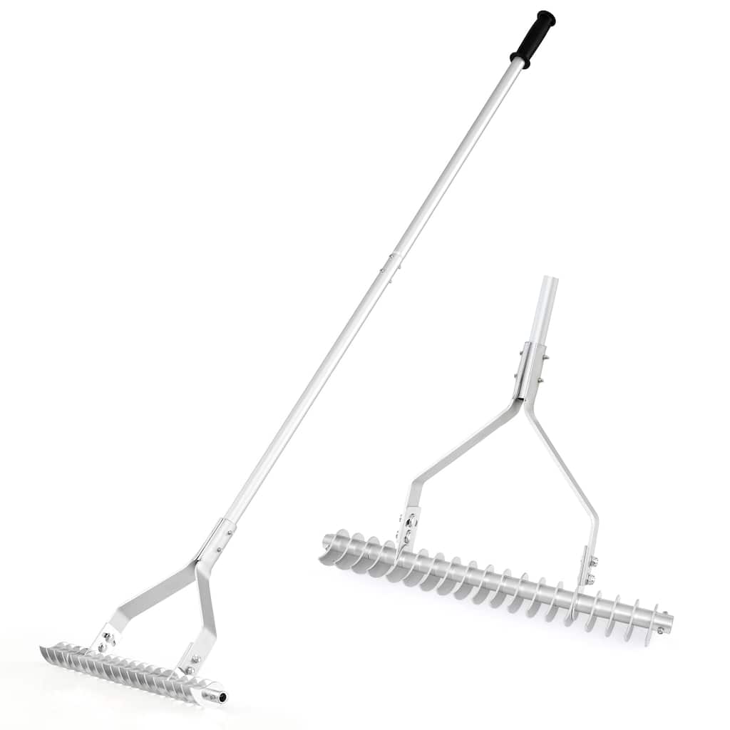 20 Inches Wide Aluminum Lawn Loosening Soil Rake with Long Handle and 19 Curved Tines - Multi