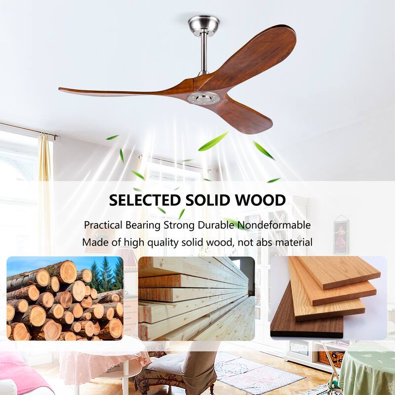 52" Solid Wood Ceiling Fan, Outdoor, 3 Blade, No Light, for Patio Living Room Bedroom Porch, Remote Control, Water Resistant