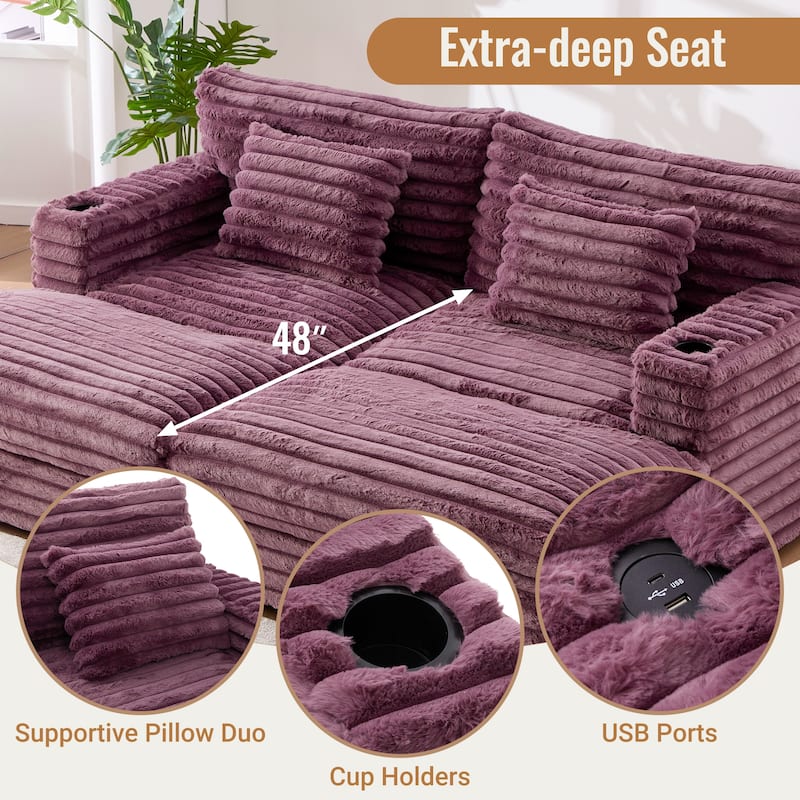 83.5" Oversized Double Chaise Sofa Bed - Plush Cloud Couch w/ USB Ports, Cup Holders & 2 Pillows, Upholstered Sleeper