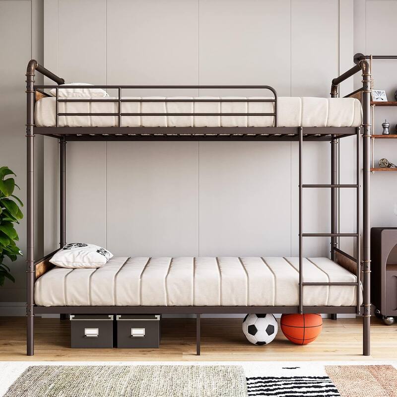 Heavy Duty Twin Size Convertible Bunk Bed with Guardrail & Ladders