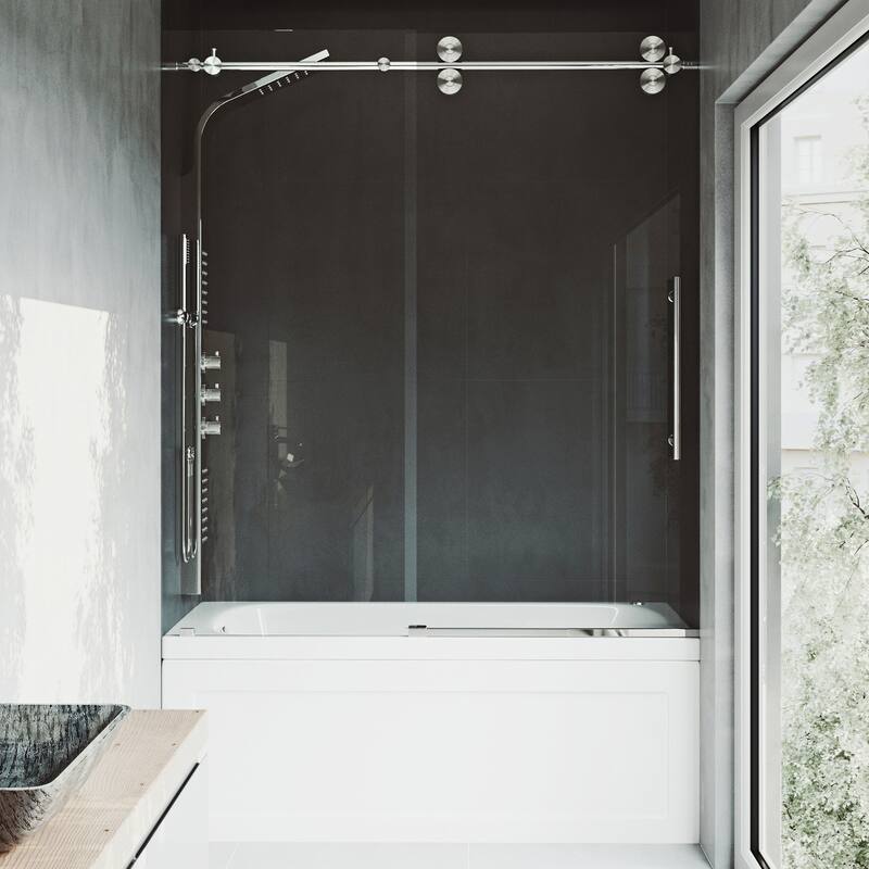 VIGO Elan 56" to 60" W x 66" H Frameless Sliding Tub Door - Stainless Steel