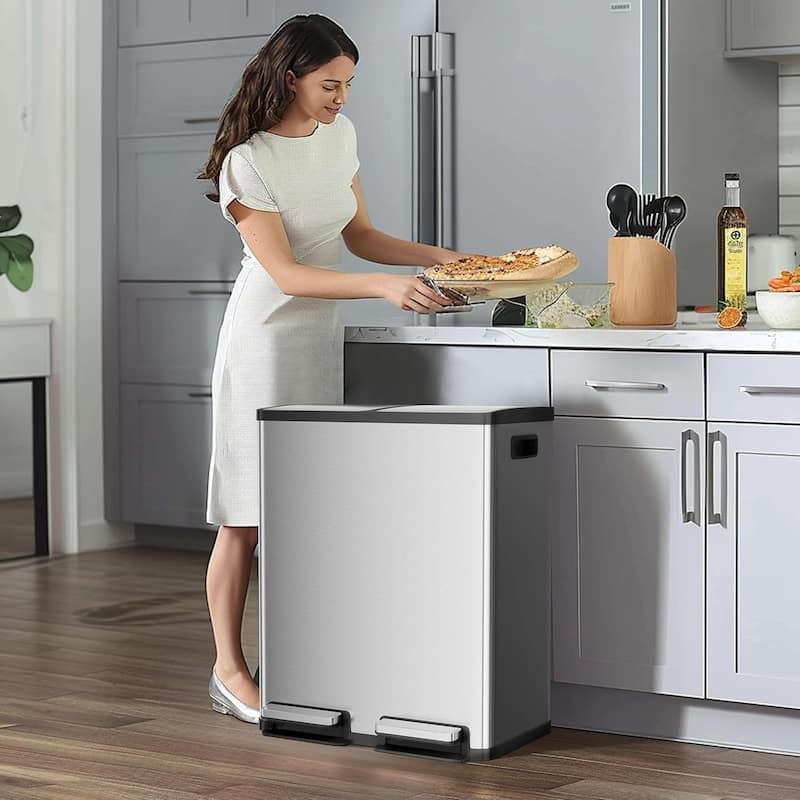 Kitchen Trash Can, 16 Gallon Garbage Can with Dual Inner Bins, Large Capacity 60/80 Liter Trash Can with Soft-Close Foot Pedal