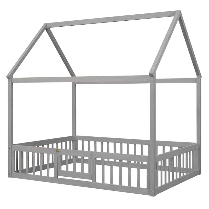 Wooden House Bed with Fence and Door