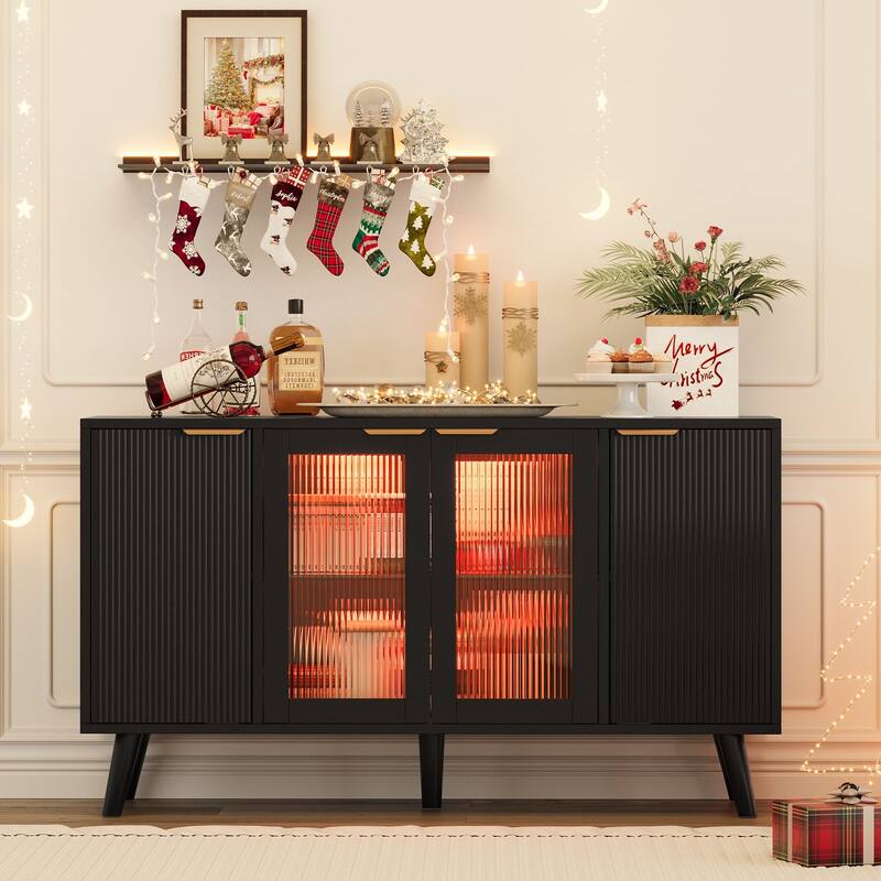 Meyreso Kitchen Sideboard Storage Cabinet with LED Light, 4 Doors