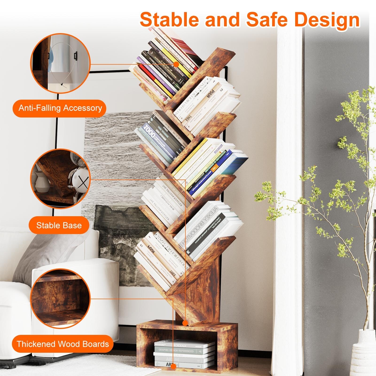 8-Tier Tree Bookshelf, Industrial Retro Storage Rack, Bookcase