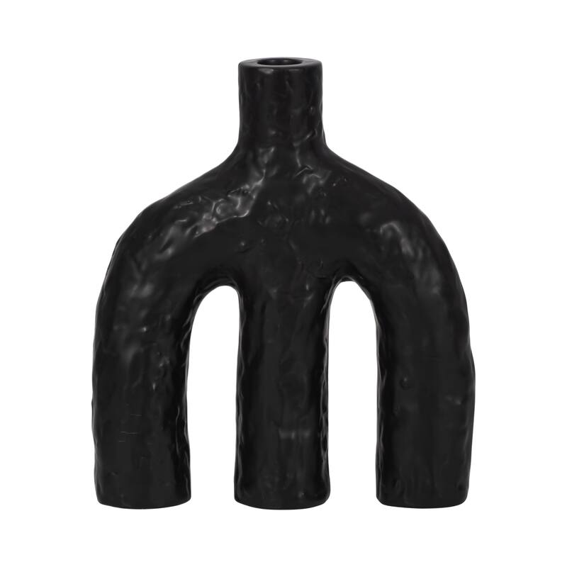 Textured Creamic Taper Candle Holder with Double Arched - Black