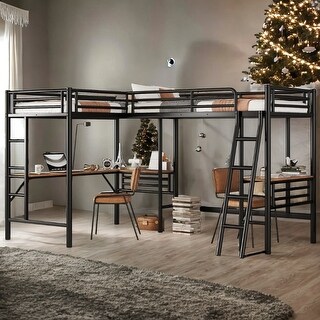 Industrial Design L-shaped Twin Metal Loft Bed with Two Built-in Desks