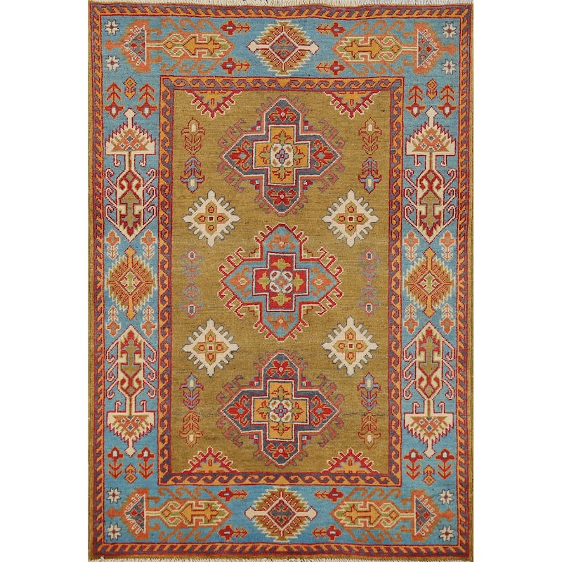 Kazak Accent Rug Handmade Yellow Geometric Wool Carpet - 3'4" x 4'10"