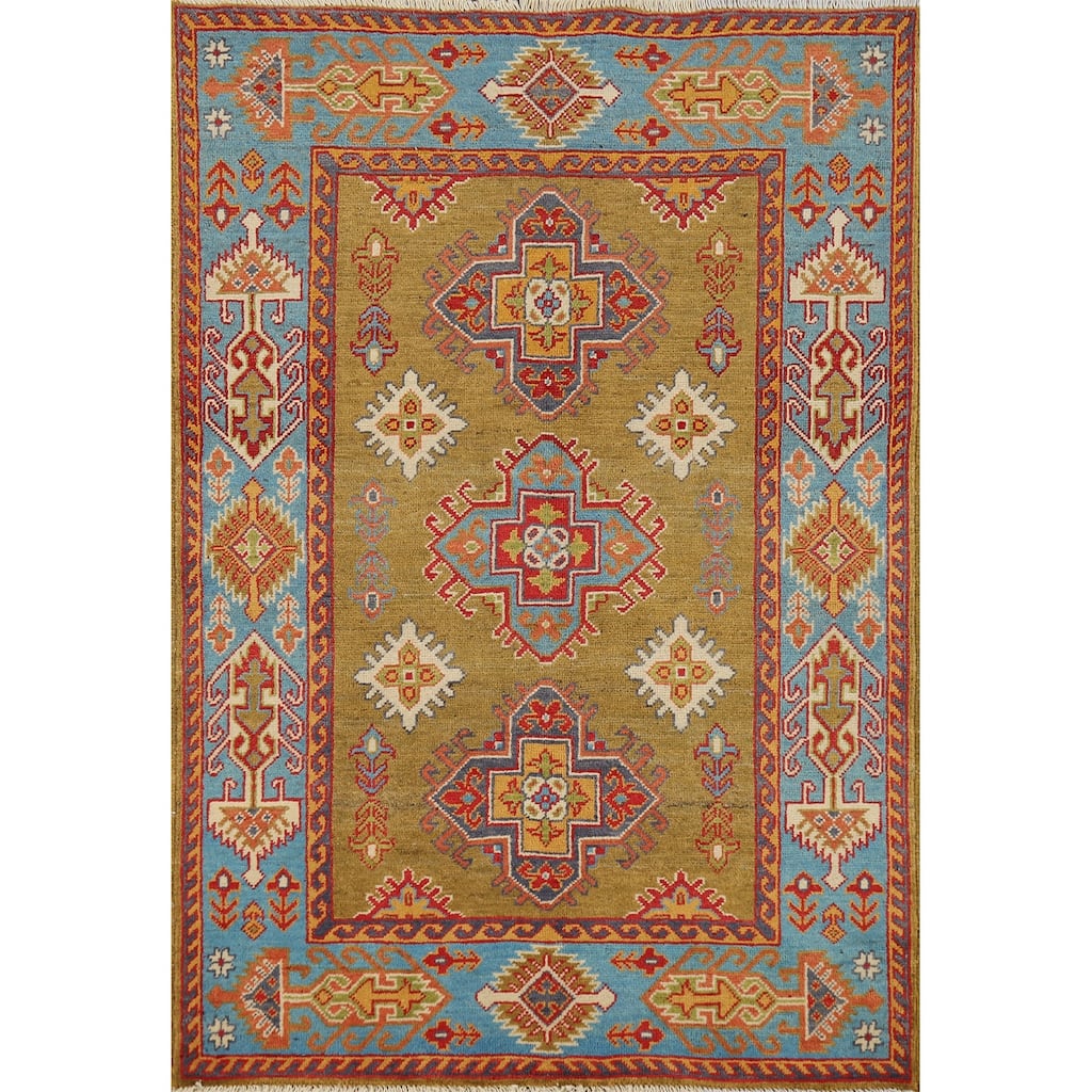 Kazak Accent Rug Handmade Yellow Geometric Wool Carpet - 3'4" x 4'10"