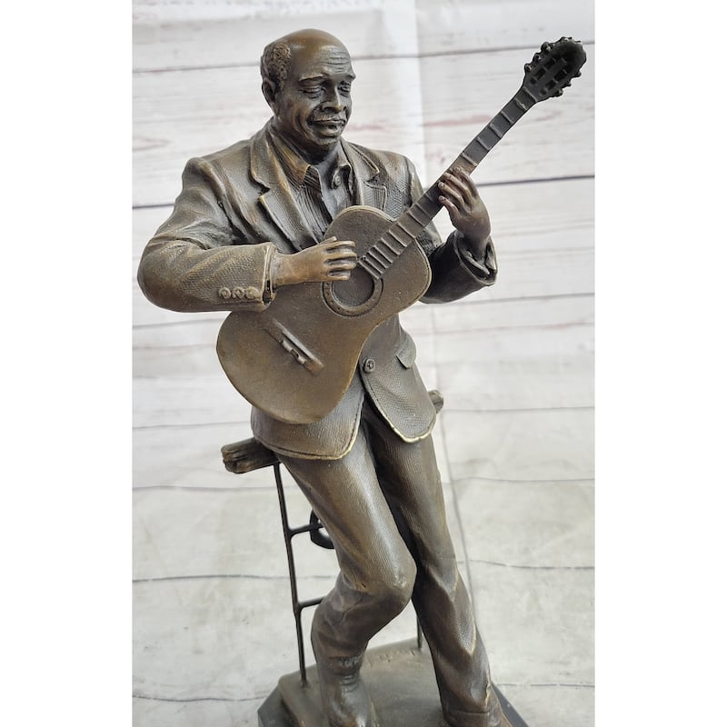 African American Black Folk Musician Playing Guitar Bronze Sculpture Statue Figure Art