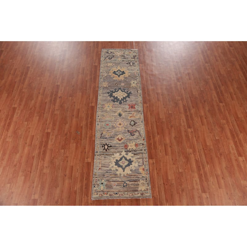 Hand Knotted Oriental 100% Wool Carpet Transitional Floral Multi-Colored Oushak Runner Rug - 9' 10'' X 2' 6''
