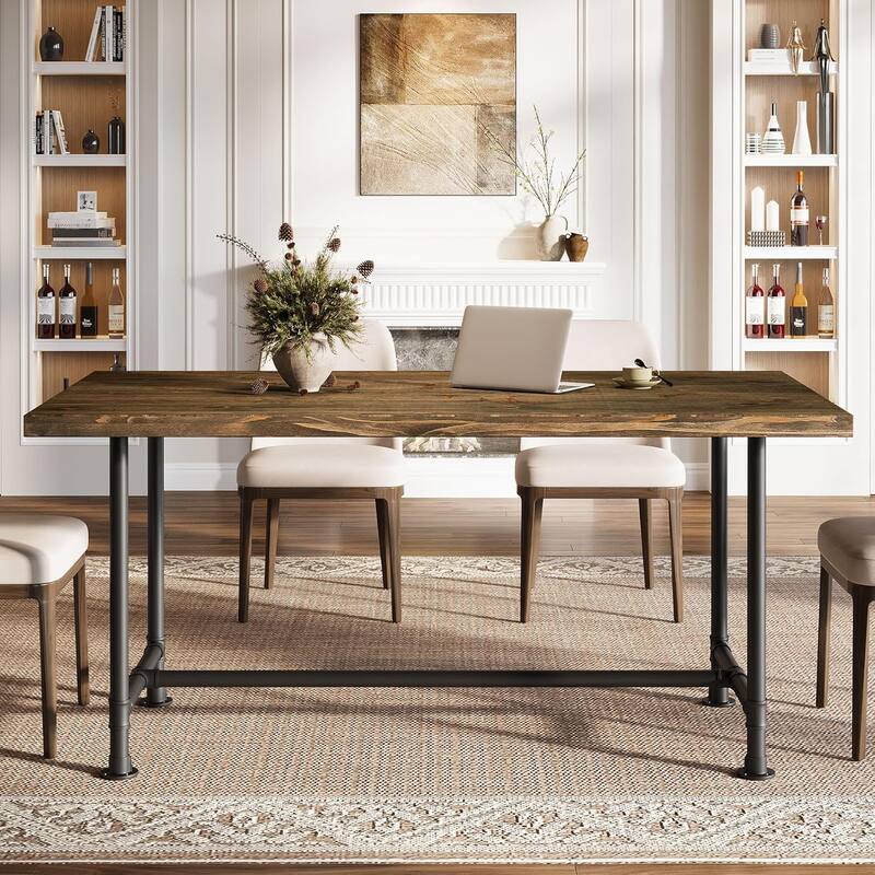 63-Inch Solid Wood Dining Table for 4-6, Rectangular Kitchen Table with Metal Footrest & Sturdy Metal Frame for Dining Room