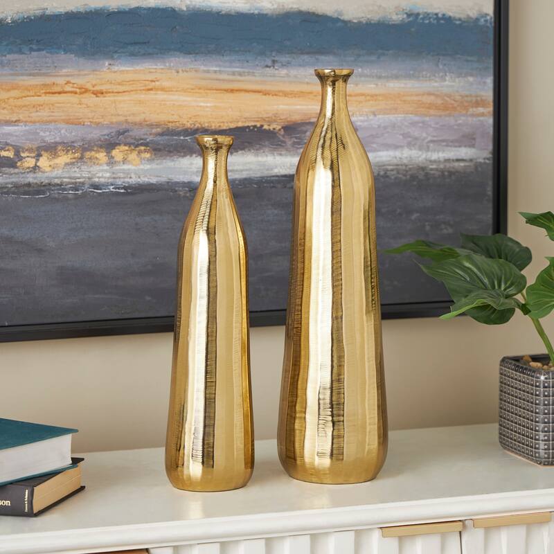Silver or Gold Aluminum Vase with Wavy Accents and Textured Ridges (Set of 2) - Gold