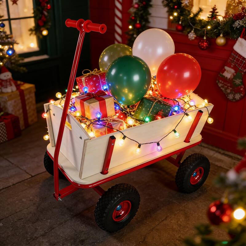 Four-Wheel Wooden Carriage - 260lb Capacity Children's Outdoor Stroller & Garden Cart