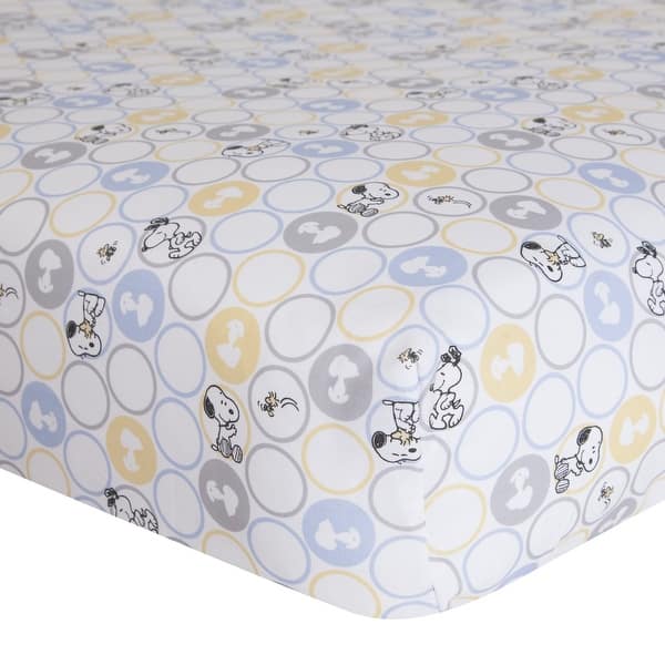 slide 2 of 2, Lambs & Ivy My Little Snoopy White/Gray/Blue/Yellow 100% Cotton Baby Fitted Crib Sheet