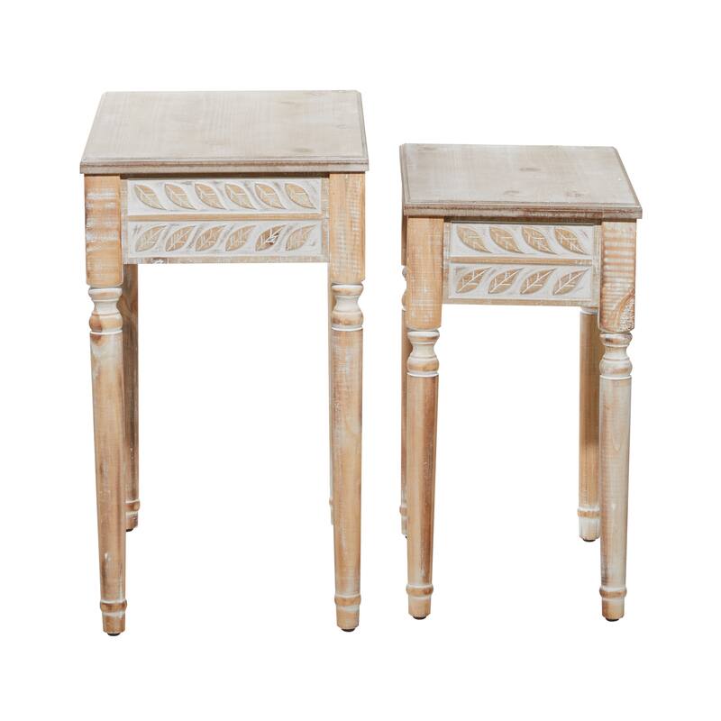 Wooden Leaf Intricately Carved Accent Table - Set of 2 Brown - Roche River Decor - 14"W x 22"L x 25"H
