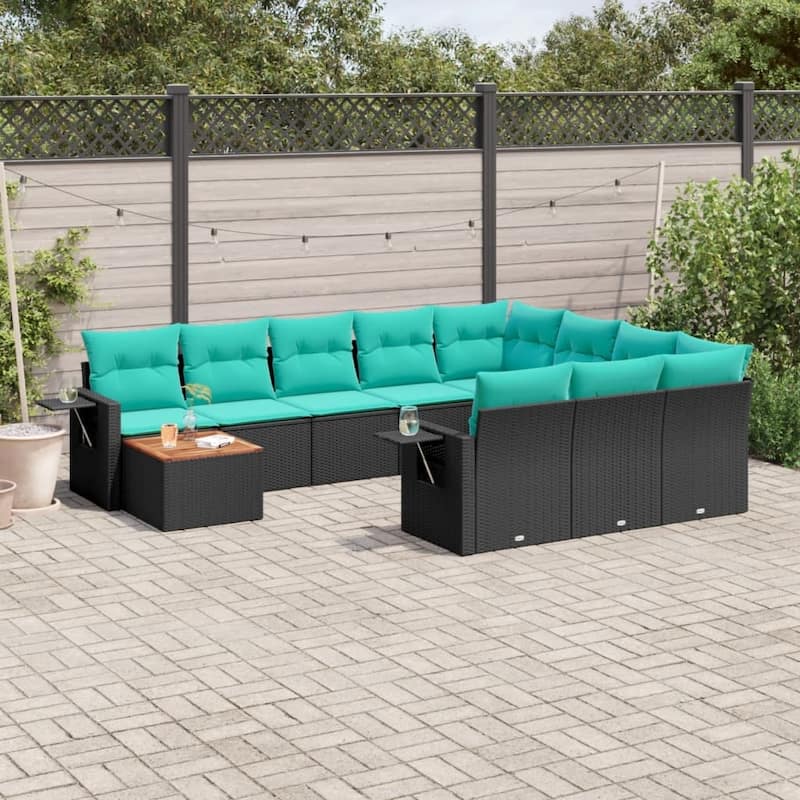 vidaXL 11 Piece Patio Sofa Set with Cushions Black Poly Rattan - 24.4 x 24.4 x 27.2 - Black-Table + 2x corner + 6x middle