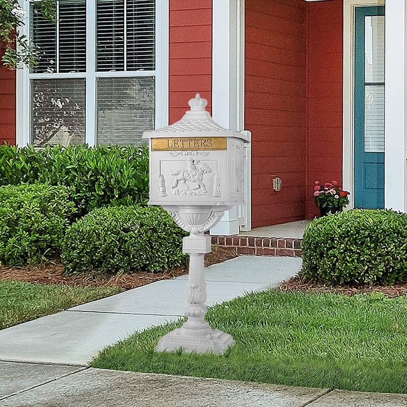 Retro Mid-century Aluminum Cast Mailbox with Post and Keys, Locking Residential Rust-Proof Security Postal Mailboxes