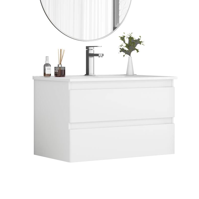 32 Inch Floating Bathroom Vanity with One-piece Ceramic Sink, Wall Mounted Cabinet with 2 Drawers