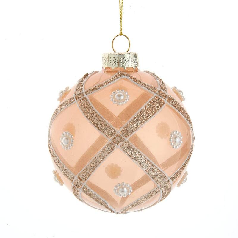 Kurt Adler 80MM Champagne and Pearl Peach Glitter Ball Ornaments, 6 Piece Set - N/A