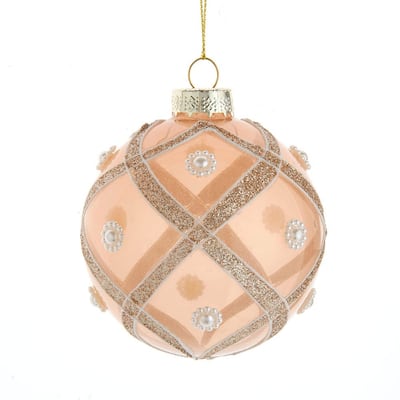 Kurt Adler 80MM Champagne and Pearl Peach Glitter Ball Ornaments, 6 Piece Set - N/A