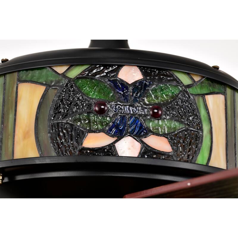 Parponk 52-Inch Flushmount Two-Tiered Lighted Ceiling Fan Green Hatch Tiffany Glass Lamp Black Finish