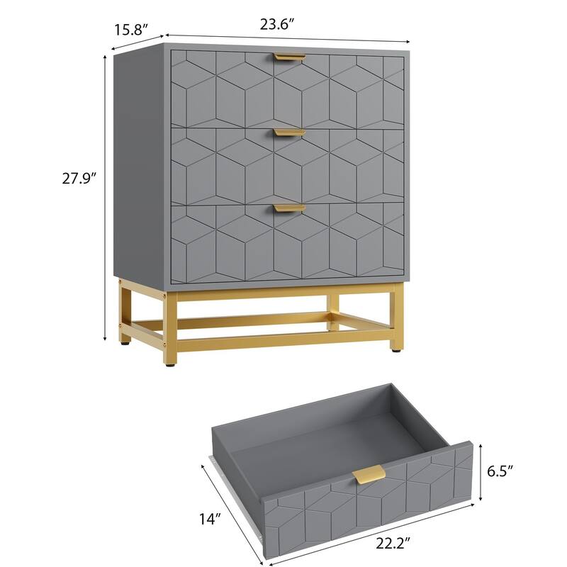 3 Drawer Dresser, with Metal Legs and Gold Handles