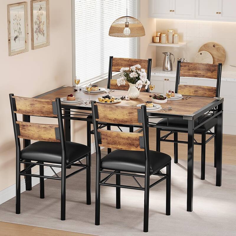Dining Table Set, Wood Kitchen Table with Upholstered Chairs - Brown - 4 Set