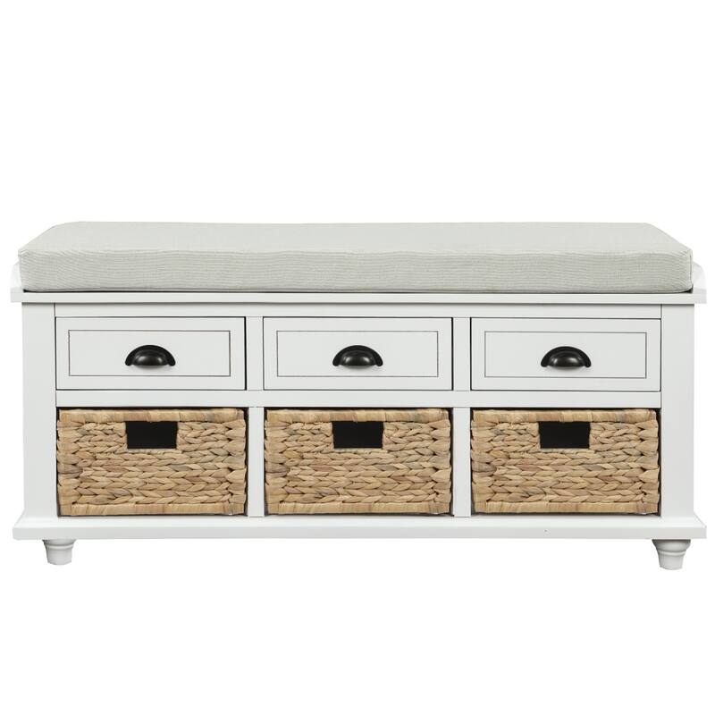 Storage Bench with Drawers and Rattan Baskets Entryway Shoe Bench
