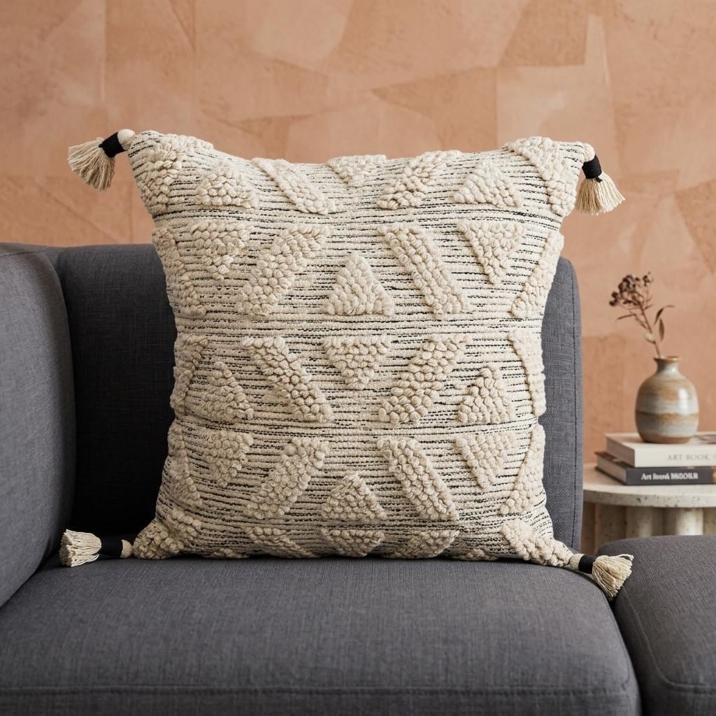 HomeRoots 22" X 22" Off White Geometric Zippered Handmade Cotton Blend Throw Pillow With Tassels