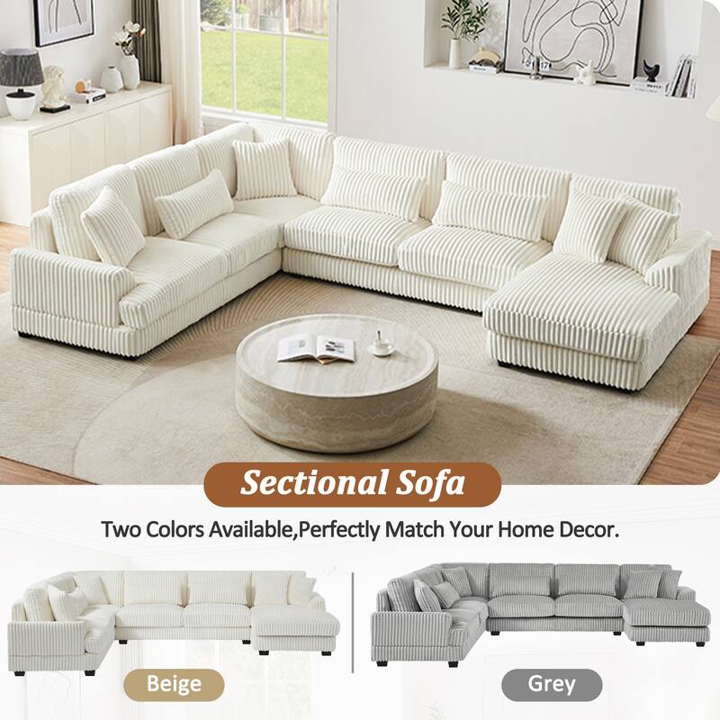 Oversized U-Shaped Sectional Sofa with Chaise, 4 Square and 3 Lumbar Pillows for Living Room