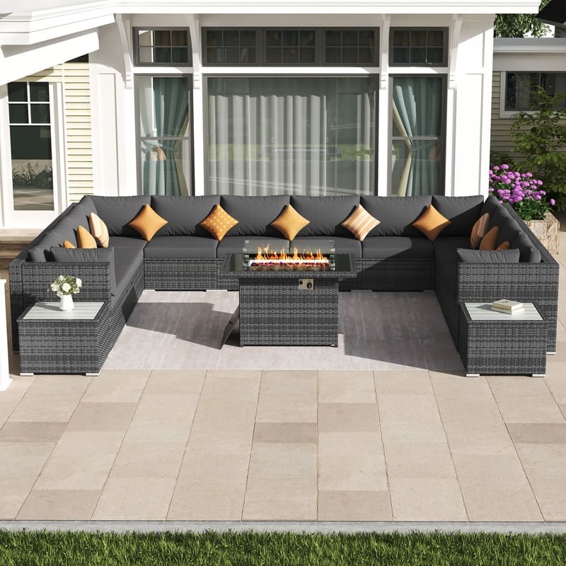 FINCATI 15-Piece Grey Wicker Patio Conversation Set with 43" Fire Pit