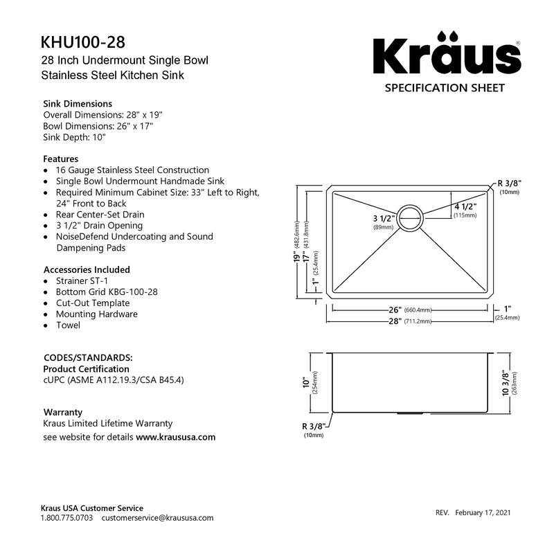 KRAUS Standart PRO Undermount Single Bowl Stainless Steel Kitchen Sink