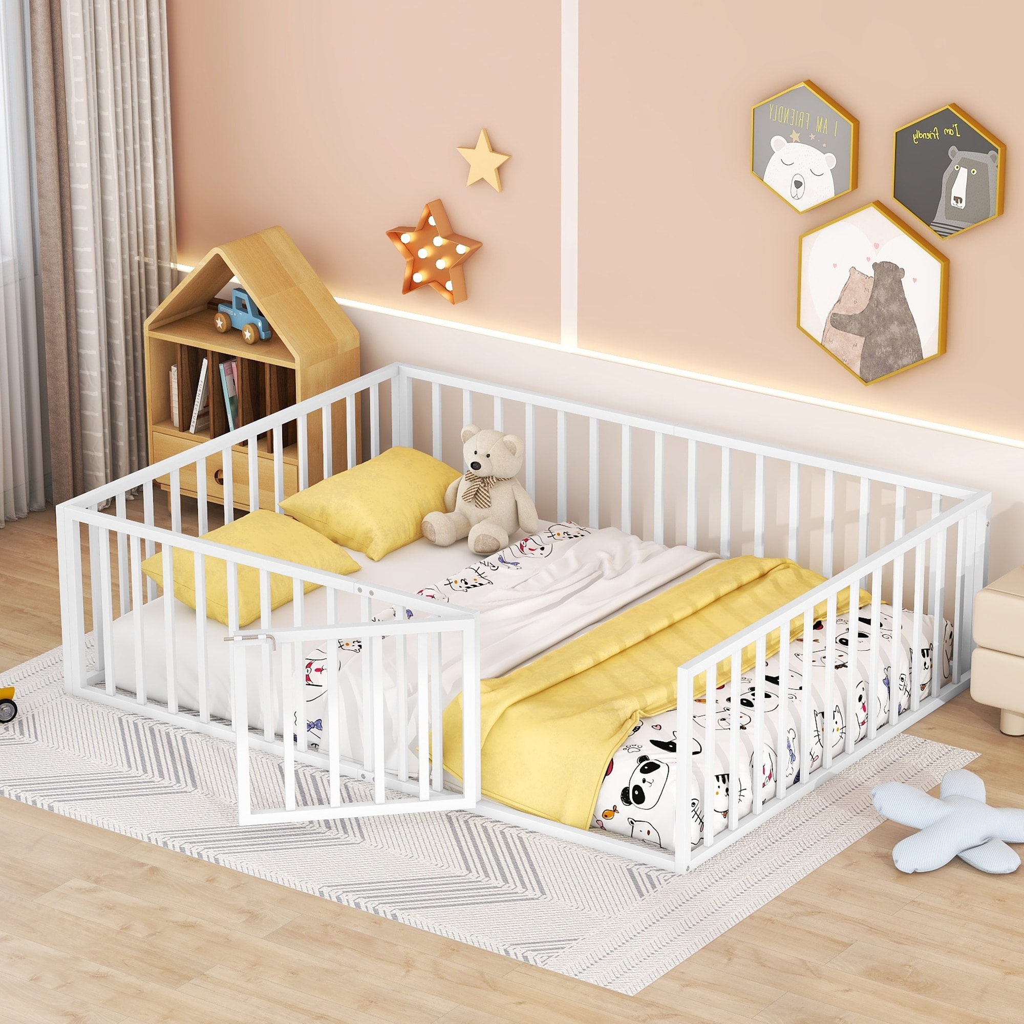 Metal Floor Bed Frame with Fence Door for Kids Girls Boys White Queen