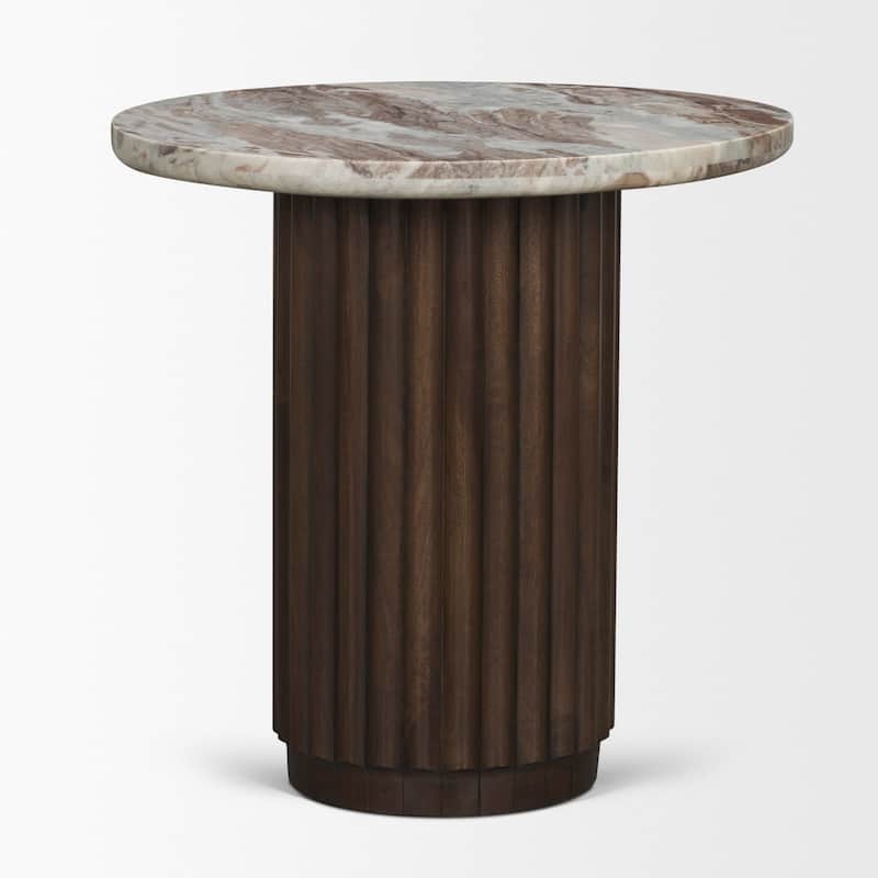 Marbrello Pink Marble Top Espresso Brown Fluted Wood Round Side Table