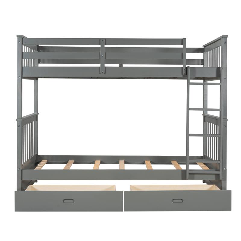 Twin Over Twin Bunk Bed Convertible 2 Platform Beds, Wooden Panel Bed with Ladder, Guardrail and 2 Drawers