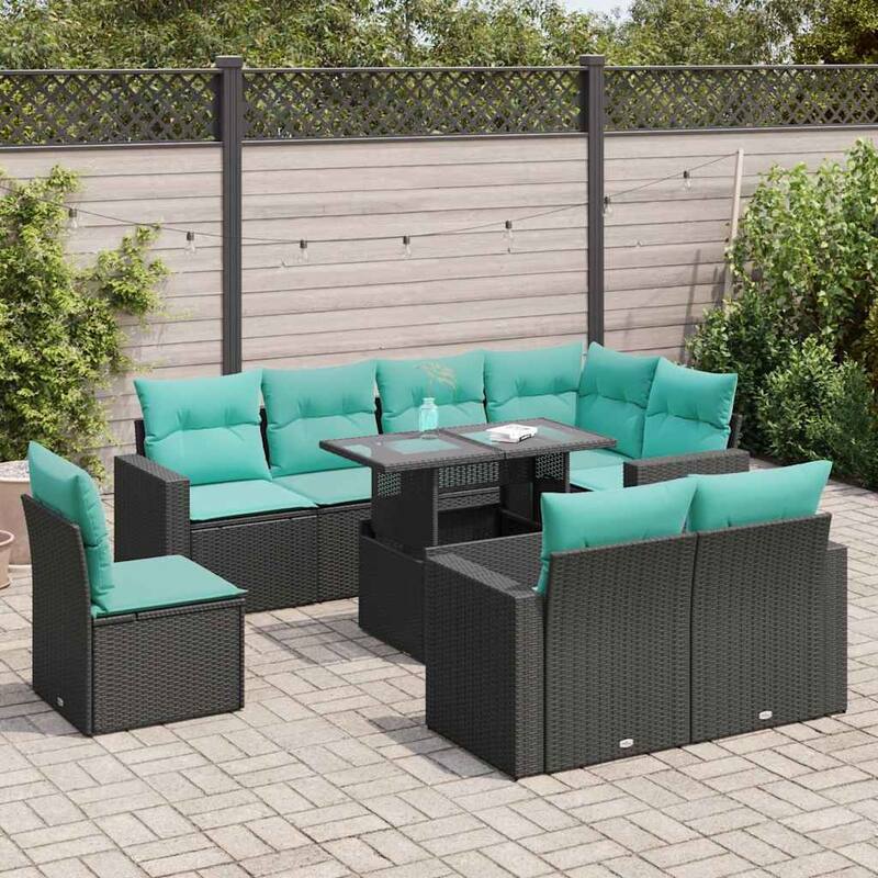 vidaXL Patio Sofa Set with Cushions and Table Outdoor 9 Piece Poly Rattan - Black with storage