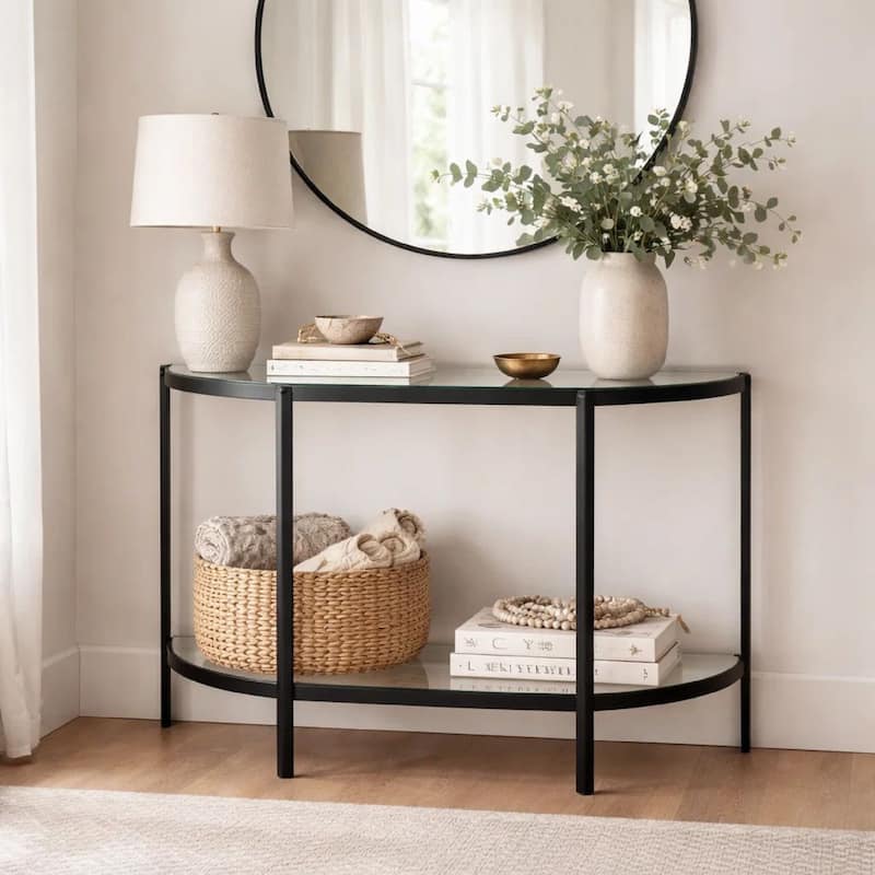 Nizy Sofa Console Table, 36 Inch Glass Top, 1 Open Shelf, Black Iron