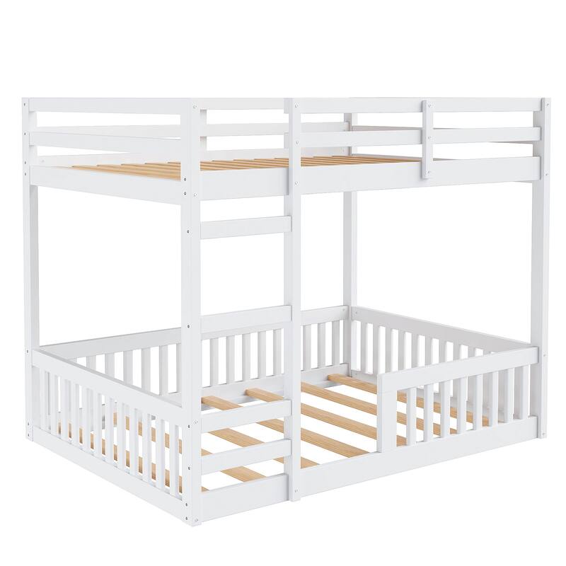 Full over Full Bunk Bed with Ladder and Guardrails, Wood Kids Teens Bed Frame