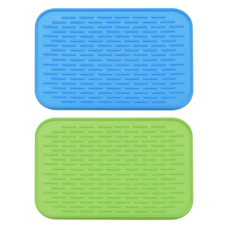 Silicone Dish Drying Mat Set, 2 Pcs 8.5"x6" Sink Drain Pad, Blue Green
