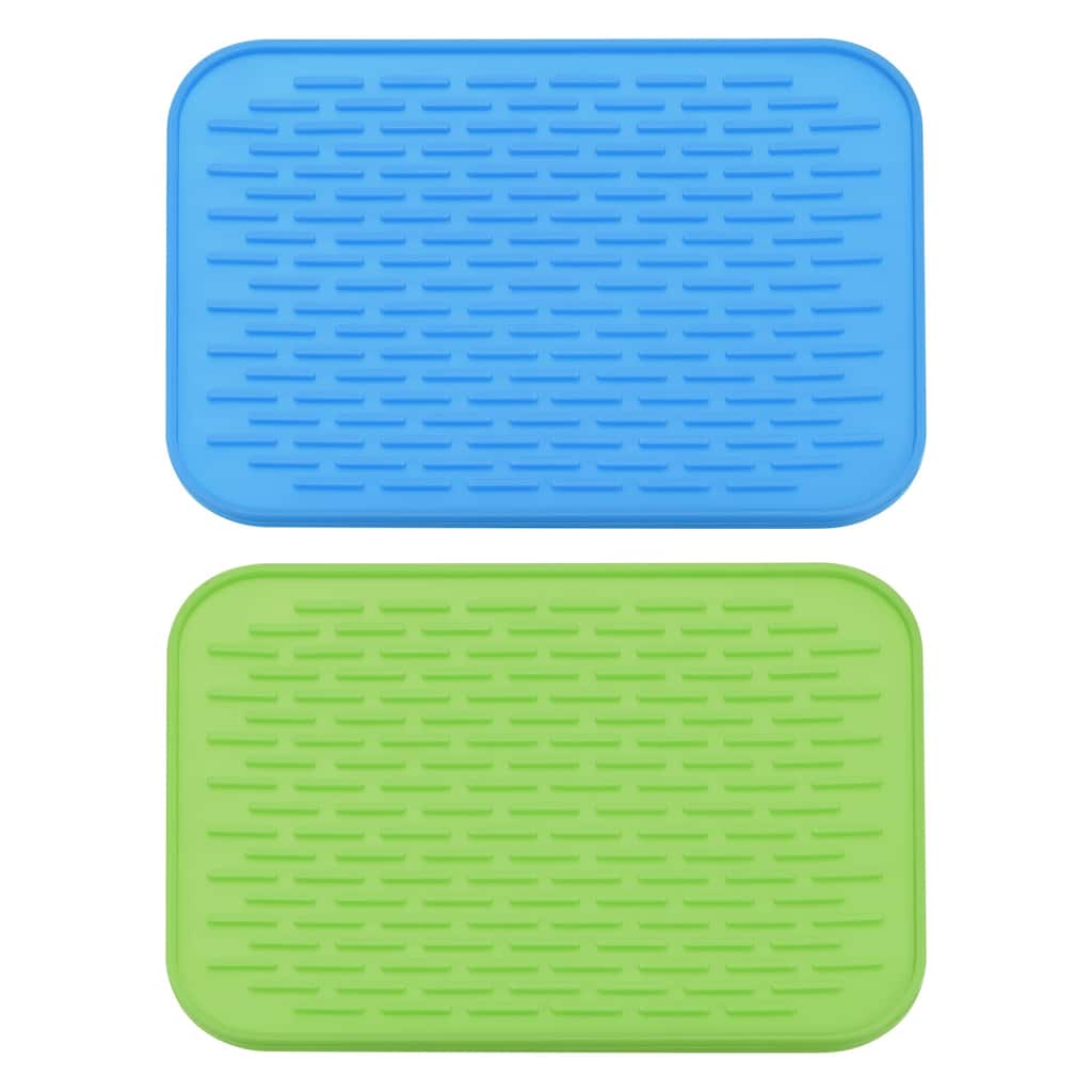 Silicone Dish Drying Mat Set, 2 Pcs 8.5"x6" Sink Drain Pad, Blue Green